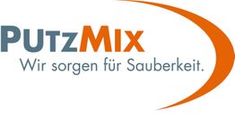 Logo mit Text: "PUTzMix - Wir sorgen für Sauberkeit", orange und graue Buchstaben, dynamischer Bogen.