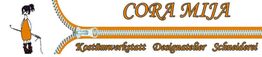 Illustration mit Reißverschluss, Text "CORA MIJA" und "Kostümwerkstatt Designatelier Schneiderei".