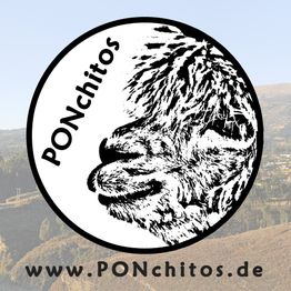 Schwarz-weißes Alpakalogo mit Schrift "PONchitos", Webseite unten: www.PONchitos.de.