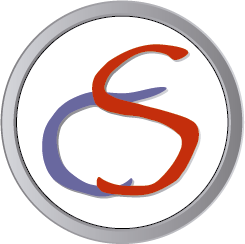 Logotipo con letras "S" en color rojo y azul, dentro de un círculo gris.