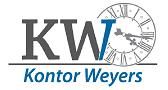 Logo von KW Kontor Weyers mit Uhr im Hintergrund.