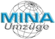 Logo mit Text "MINA Umzüge" vor einem Globus-Hintergrund.