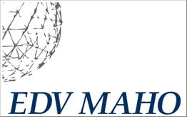 Logo mit abstrakter Kugel und dem Text "EDV MAHO" in blauer Schrift.