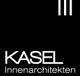 Schwarzes Logo mit weißem Text: "KASEL Innenarchitekten" und drei vertikalen Linien.