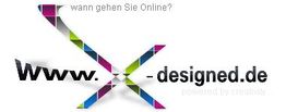 Logo mit Slogan "wann gehen Sie Online?" und Text "Www.-x-designed.de powered by creativity".