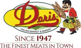 Logo of Doris Italian Market & Bakery, featuring a chef with bread and groceries. Since 1947.