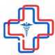 Red and blue medical cross with a caduceus symbol in the center.