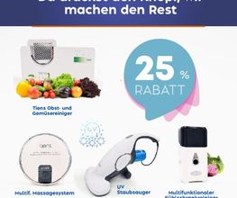 Werbung für Tiens-Produkte. Obstreiniger, Massagegerät, Staubsauger. 25 % Rabattangebot.