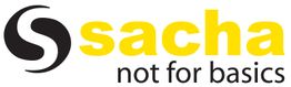 Logo van Sacha met gele tekst en zwart-witte cirkels, slogan: "not for basics".