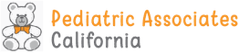 Teddy bear logo with text: "Pediatric Associates California" in orange and gray.