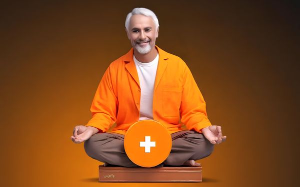 Ein im Schneidersitz auf einem Buch meditierender Mann sowie ein Erste-Hilfe-Symbol