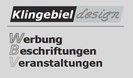 Text: "Klingebiel design: Werbung, Beschriftungen, Veranstaltungen."