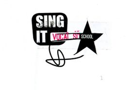 Schwarz-weiße Grafik mit "Sing it" und "Vocal School" Text, roter Stern und schwarzer Stern.