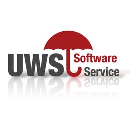 Logo mit rotem Regenschirm, der Buchstaben UWS umfasst. Text: "Software Service".