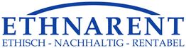 Logo mit Schriftzug "ETHNARENT", darunter steht: "ETHISCH - NACHHALTIG - RENTABEL" in Blau.