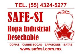 Anuncio de SAFE-SI, ropa industrial desechable con número telefónico y sitio web.