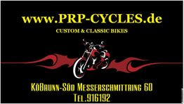 Schwarzes Banner mit gelbem Text: "www.PRP-CYCLES.de", Motorradgrafik und Kontaktdetails.