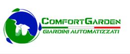 Logo Comfort Garden con testo "Giardini Automatizzati" in verde, blu e rosso.