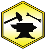 Sechseckiges Logo mit Amboss, Hammer und Schraubenschlüssel in Schwarz auf gelbem Hintergrund.