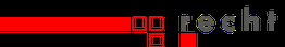 Logo mit roten Linien und Quadraten, Text: "recht" in Grau.