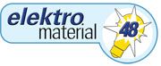 Logo mit Schriftzug "elektro material 48" und einer gelben Glühbirne im Hintergrund.