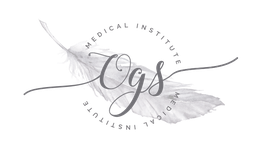 Pluma gris con letras decorativas superpuestas. Texto alrededor: "Medical Institute".