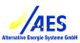 Logo mit blauem Text "AES", gelber Halbkreis und kleine Sterne. Text: Alternative Energie Systeme GmbH.