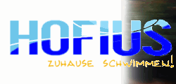 Blau-weißer "Hofius" Text mit gelbem Slogan "Zuhause schwimmen!"