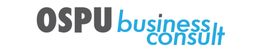 Logo mit Text "OSPU business consult" in grauer und blauer Schrift auf weißem Hintergrund.