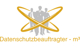 Gruppensilhouette mit goldenen Ringen und Text "Datenschutzbeauftragter - m³".
