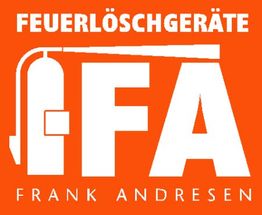 Weißes Logo auf orangefarbenem Hintergrund: Feuerlöscher und Text "Feuerlöschgeräte, Frank Andresen".