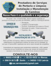 Cartaz sobre serviços de portaria, limpeza e câmeras de segurança da empresa MDL, com contatos.