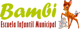 Logotipo de "Escuela Infantil Municipal Bambi" con personajes animados de un ciervo y un conejo.