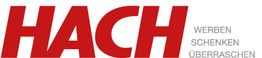 Logo mit rotem "HACH" und Text: "Werben, Schenken, Überraschen" in Grau.