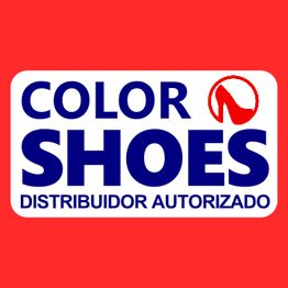 Logo de "Color Shoes" con zapato rojo y texto "Distribuidor Autorizado" sobre fondo rojo.