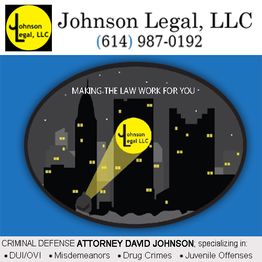 Johnson Legal, LLC logo over a city skyline, specializes in criminal defense and various offenses.