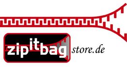 Stilisiertes Reißverschluss-Logo mit Text "zip it bag store.de" in Schwarz und Rot.