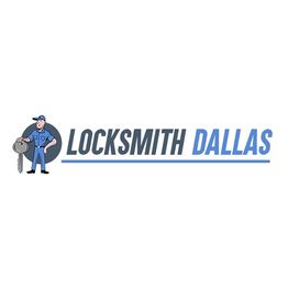 Illustration of a locksmith holding keys next to the text "Locksmith Dallas" in blue and black.