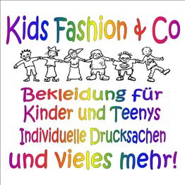 Bunte Schrift: "Kids Fashion & Co", Zeichnung von Kindern, Bekleidung für Kinder/Teenys.