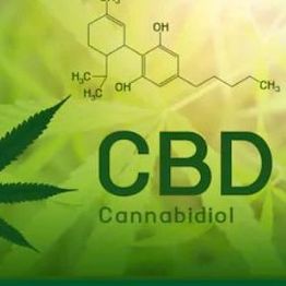 CBD text over a green background with chemical structure and a cannabis leaf.