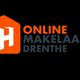 Logo met tekst: "Online Makelaars Drenthe" en een oranje huis pictogram op een zwarte achtergrond.