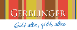 Logo mit Streifen und Text: "Gerblinger". Darunter handschriftlich: "Gibt alles, gibt's alles".