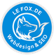 Logo von LE FOX.DE mit einem Fuchs, Webdesign & SEO in blauem Kreis.