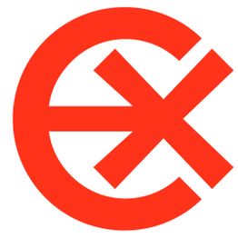 Rotes stilisiertes „ex“ auf weißem Hintergrund, als modernes Logo oder Symbol gestaltet.