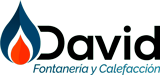 Logo de David Fontanería y Calefacción con una llama azul y naranja.