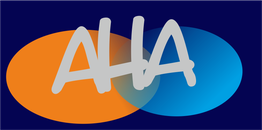 "Zwei überlappende Ovale, orange und blau, mit dem Wort 'AHA' darüber auf dunklem Hintergrund."