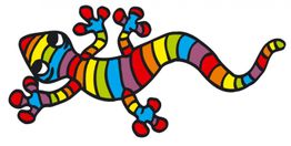 Bunte Zeichnung eines Geckos mit Regenbogenstreifen und großen, roten Füßen.