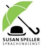 Ein grüner Regenschirm, schwarzer Hut und Stock, Logo: "Susan Speller Sprachendienst".