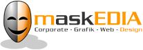 Logo mit lachender Halbmaske und Text: "maskEDIA Corporate - Grafik - Web - Design".