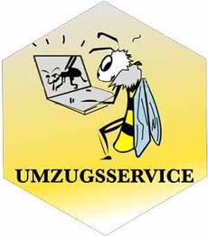 Comic-Biene vor einem Laptop, daneben der Text "Umzugsservice" auf gelbem Hintergrund.